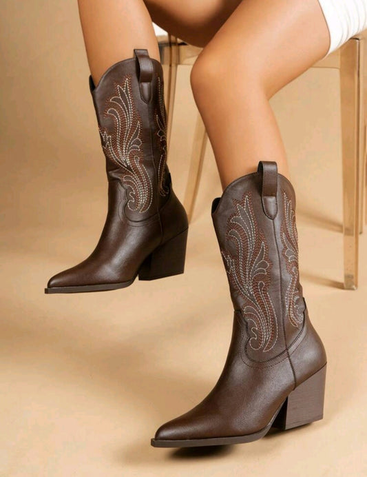 Western Cowboy Boots for Women – Mid-Calf Embroidered Block Heel Boots
