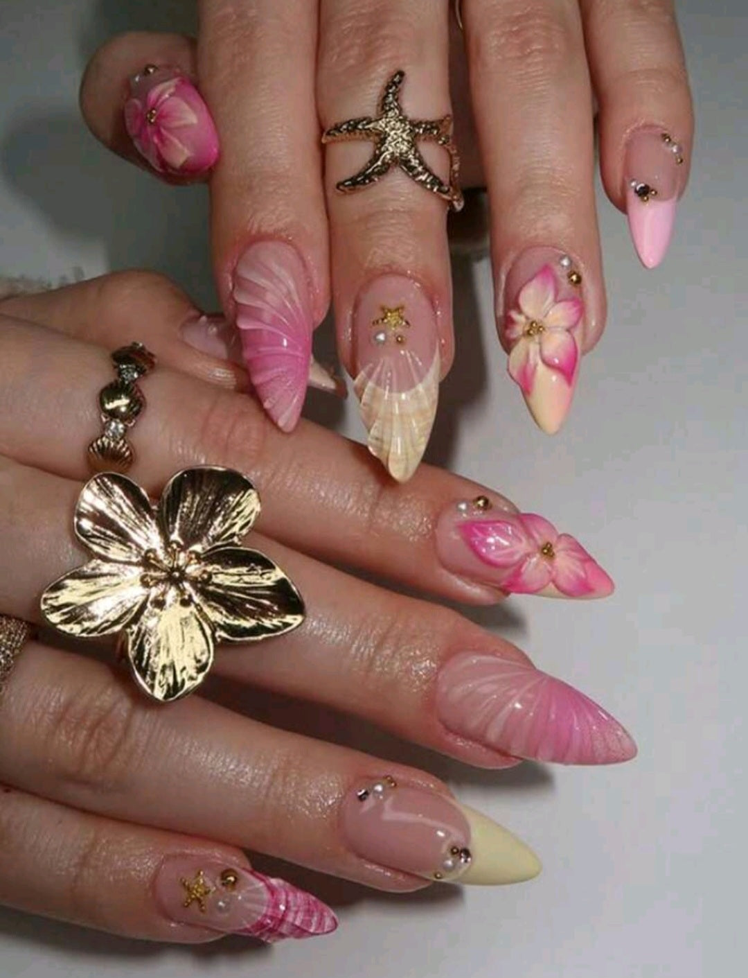 Luxury Pink Shell & Floral Press-On Nails – 3D Beach Glam Set