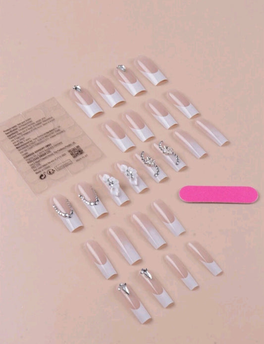 Luxury White Crystal French Tip Press-On Nails – 3D Floral Rhinestone Coffin Set