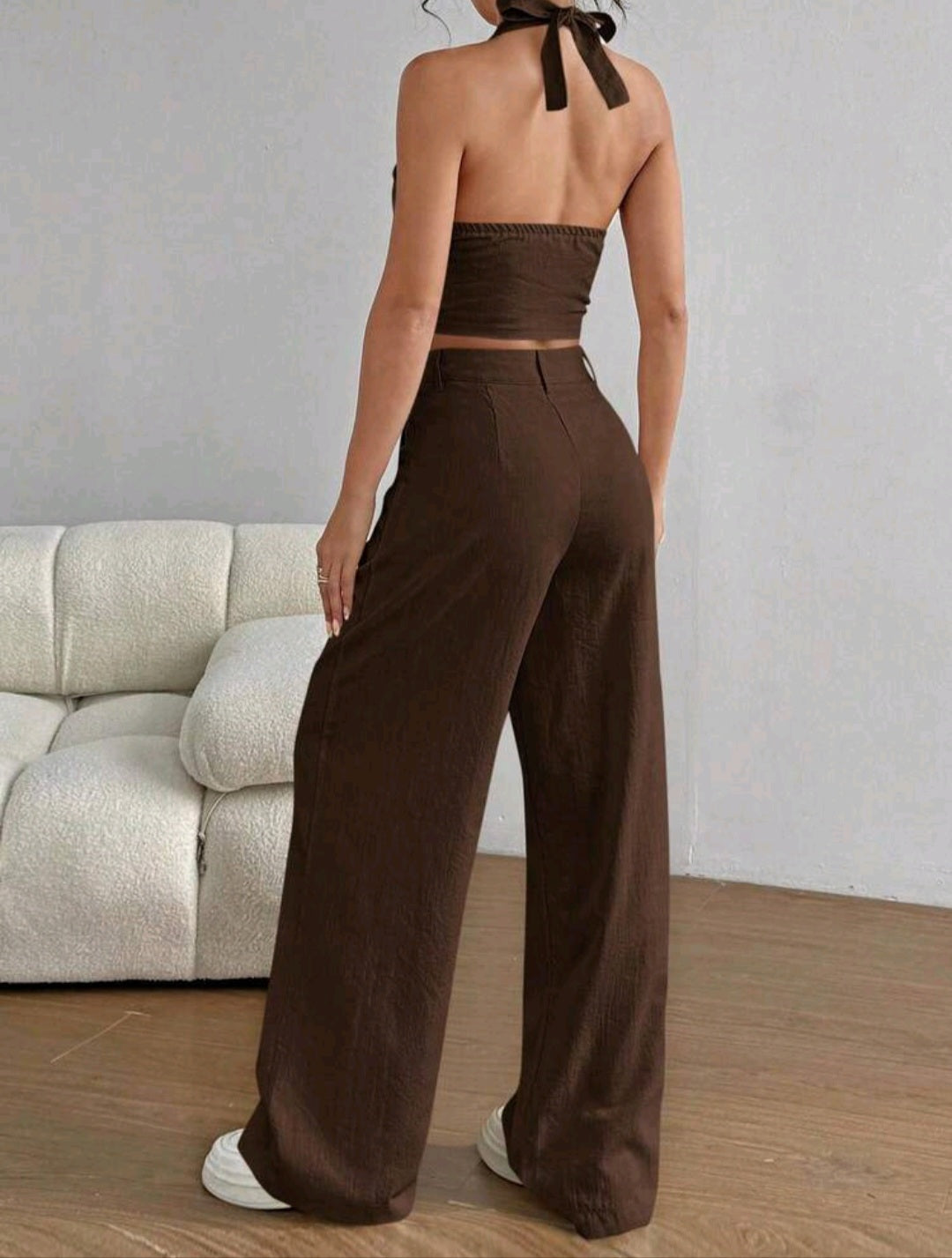 Brown Summer 2-Piece Set – Halter Top & Wide Leg Pants