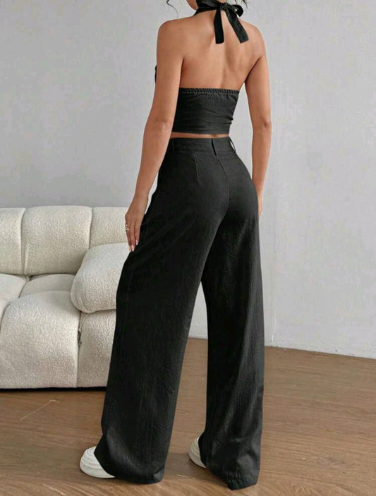 Schwarzes 2-teiliges Set – Neckholder-Top und weite Hose
