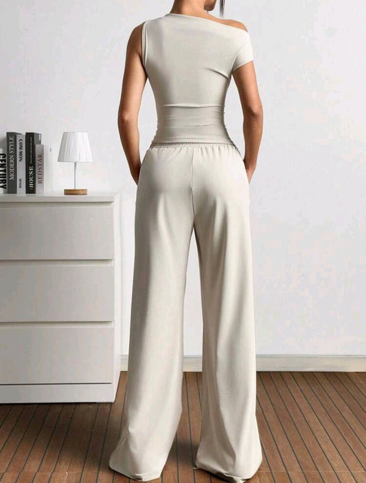 Beige 2-Piece Set – One Shoulder Top & Wide Leg Pants