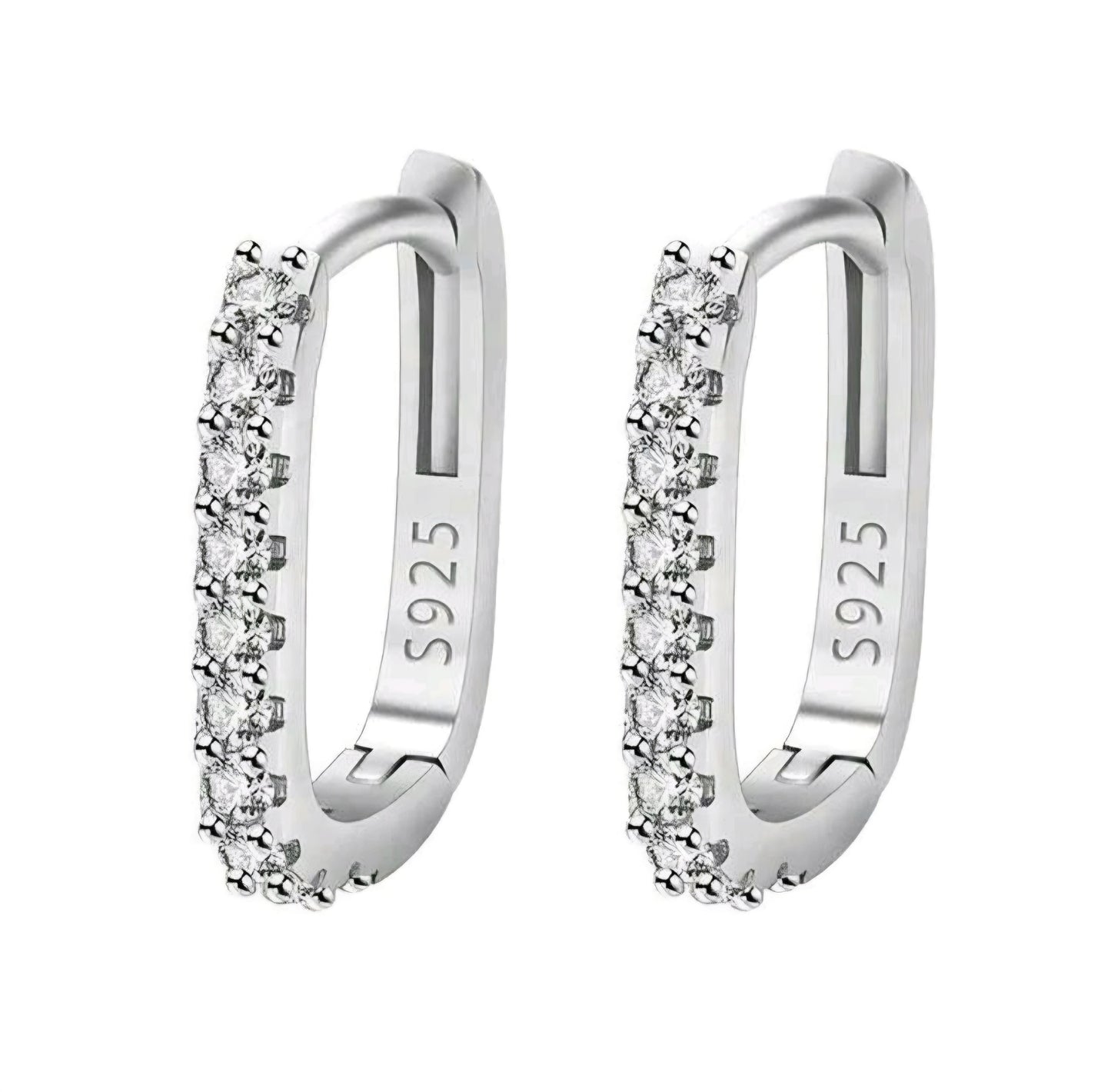 Pair of silver hoop earrings with clear stones on a white background