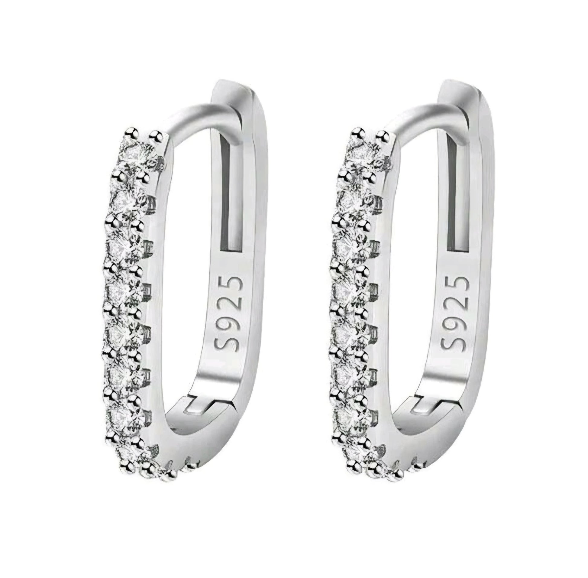 Pair of silver hoop earrings with clear stones on a white background