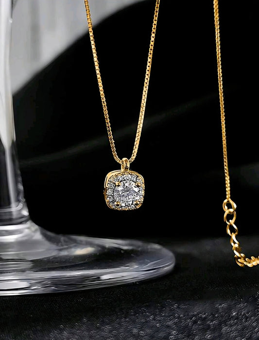 s925 Sterling Silver - Gold minimalist Square Cubic Zurconia Necklace