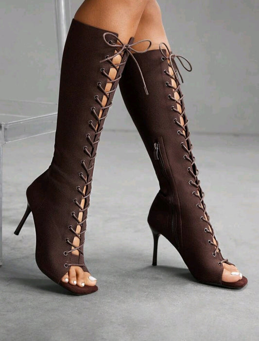 Sexy Schnürstiefel bis zum Knie – Offene Zehen High Heel Sandalen