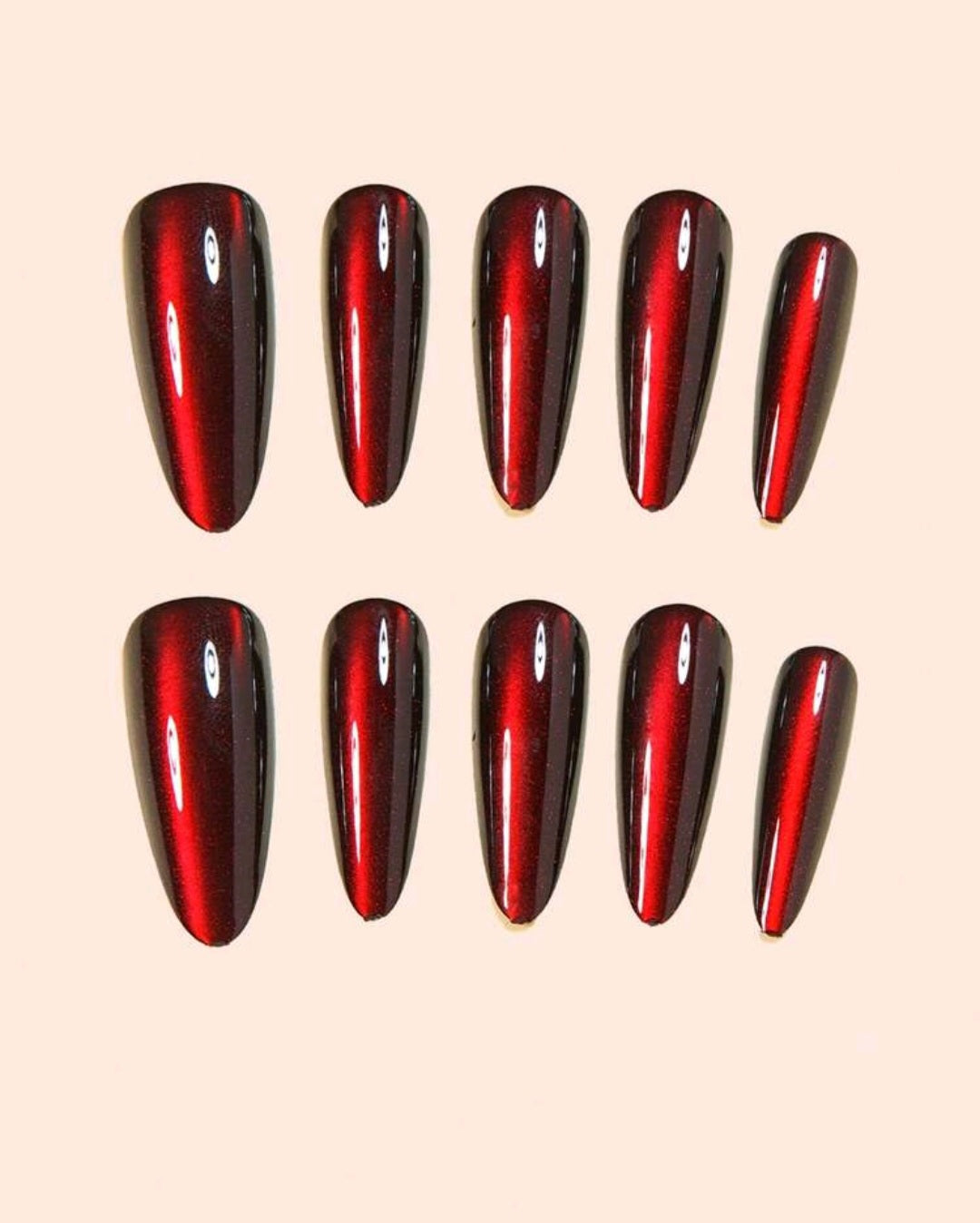 Red Ombre Cat Eye Press-On Nails – Glossy Stiletto Set