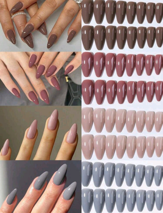 4-in-1 Nude Press-On Nails Set – Glossy Almond Shape (Multiple Colors)