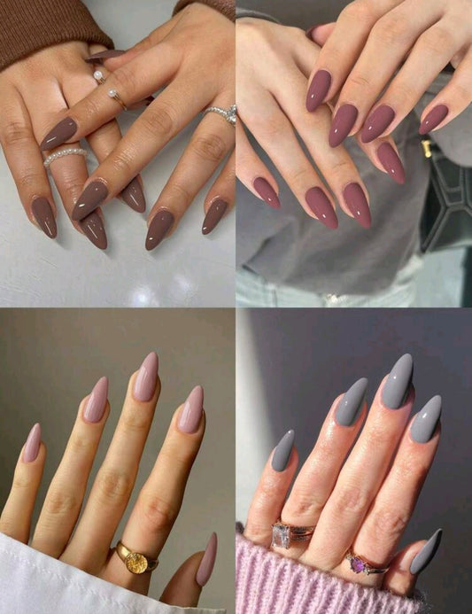 4-in-1 Nude Press-On Nails Set – Glossy Almond Shape (Multiple Colors)