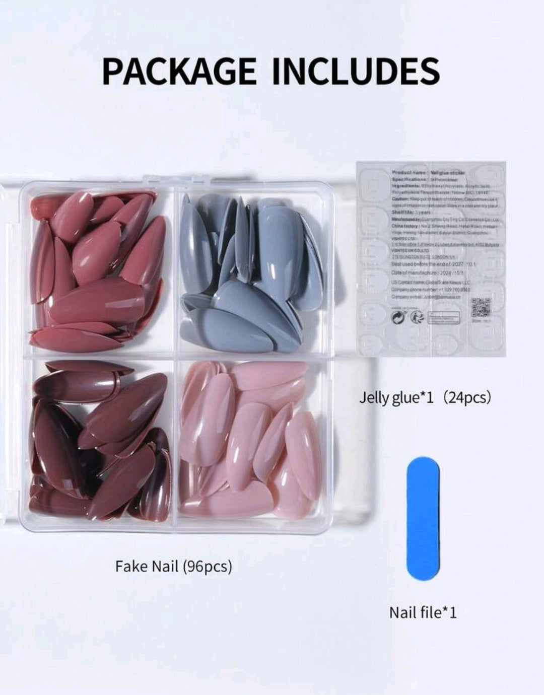 4-in-1 Nude Press-On Nails Set – glänzende Mandelform (verschiedene Farben)
