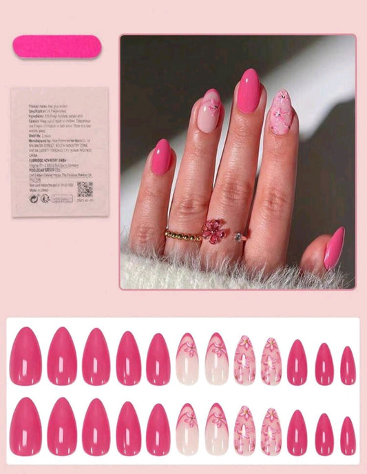 Rosa florale Press-On Nägel – Glänzendes Mandel-Frühlingsdesign-Set