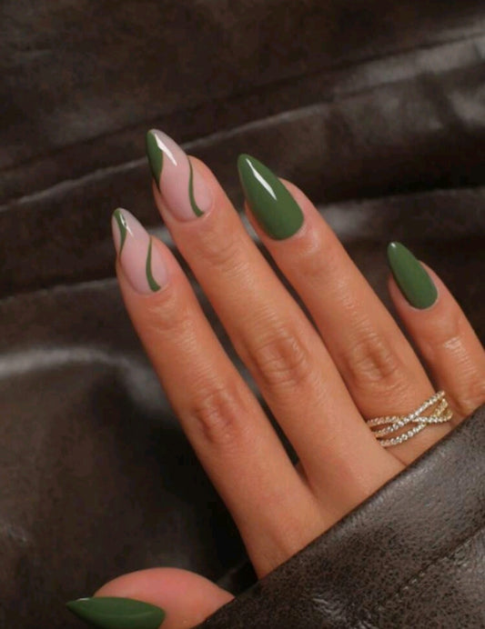 Grüne Swirl Press-On Nails – Glänzendes Mandel-Design-Set im modernen Stil