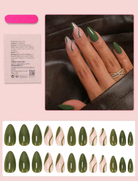 Grüne Swirl Press-On Nails – Glänzendes Mandel-Design-Set im modernen Stil