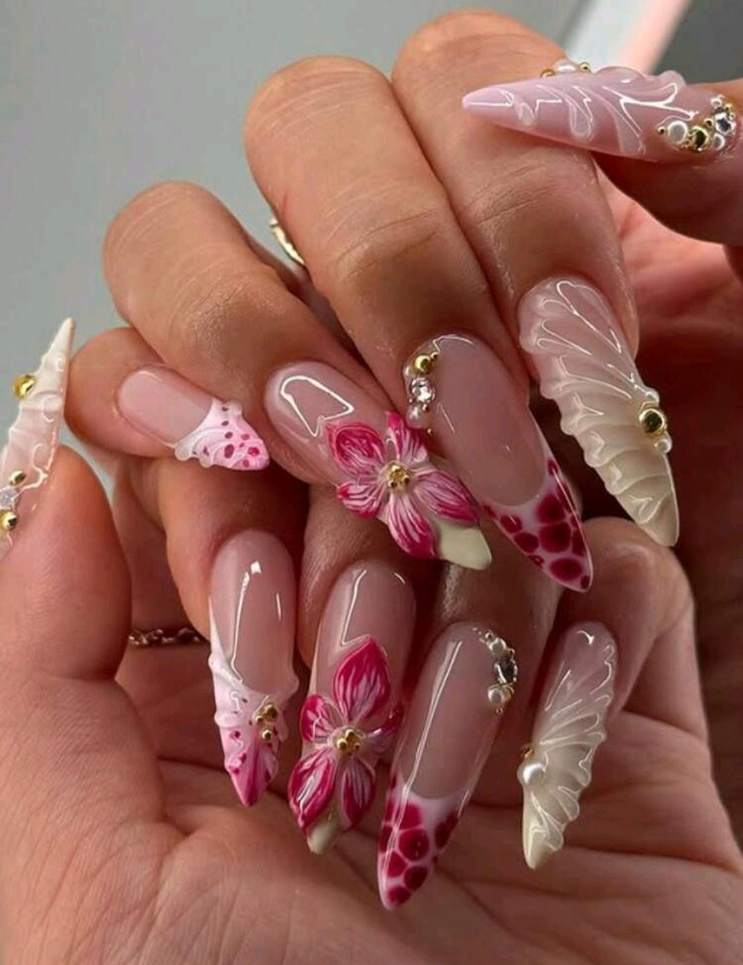 Luxury 3D Floral Press-On Nails – Pink French Tip Stiletto Set
