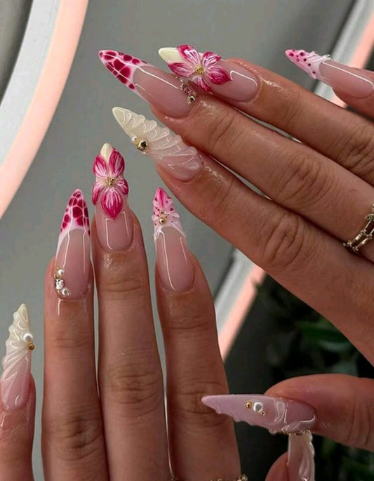 Luxuriöse 3D-Blumen-Press-On-Nägel – Pink French Tip Stiletto-Set