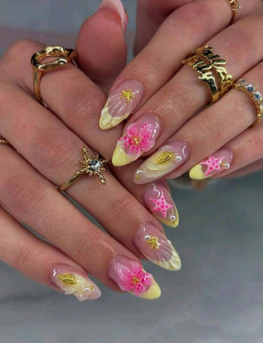 Luxuriöse Sommer 3D Floral Press-On Nägel – Pink & Gelb Mandel-Set