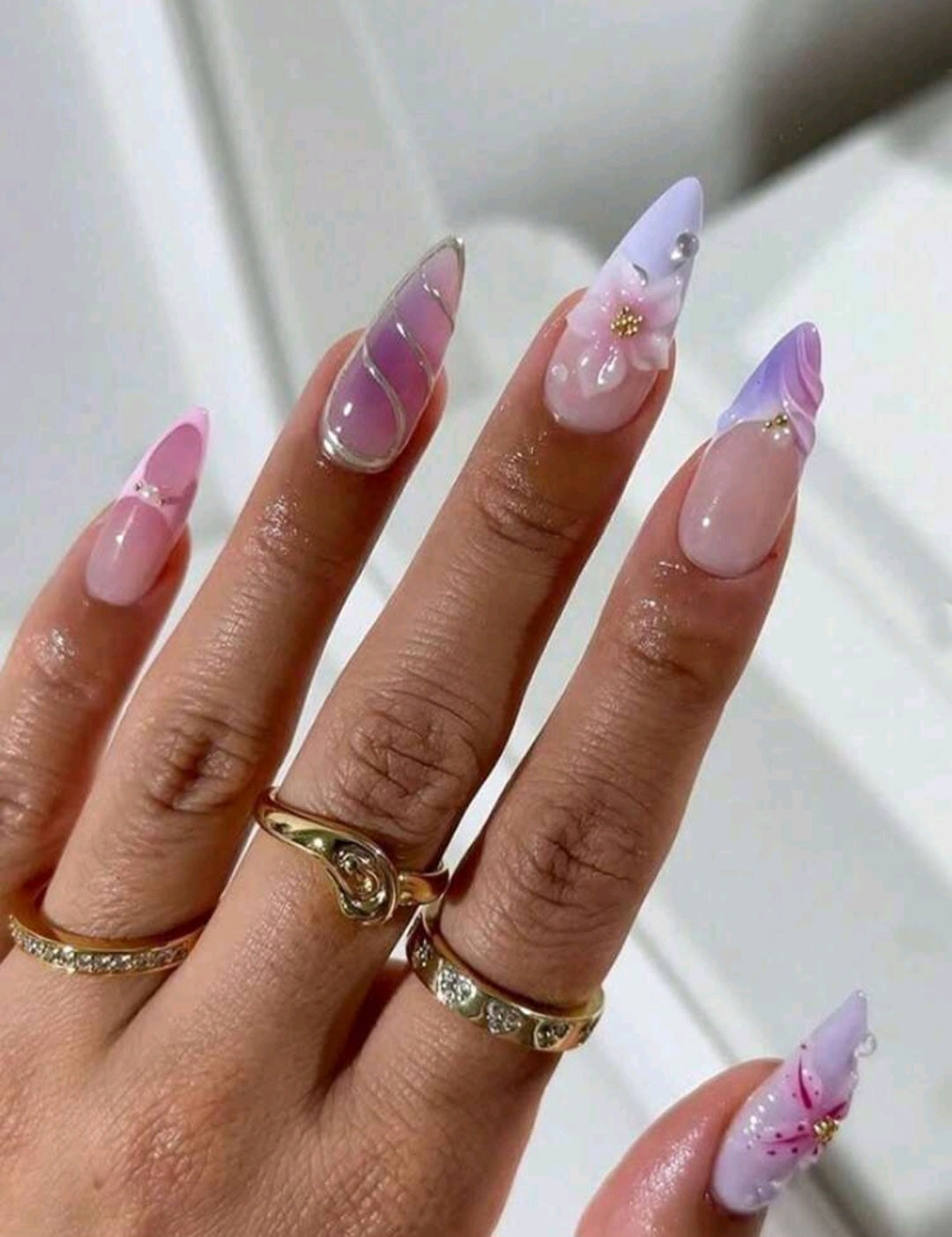 Luxury Pastel Ombre Press-On Nails – 3D Floral Pink & Purple Set