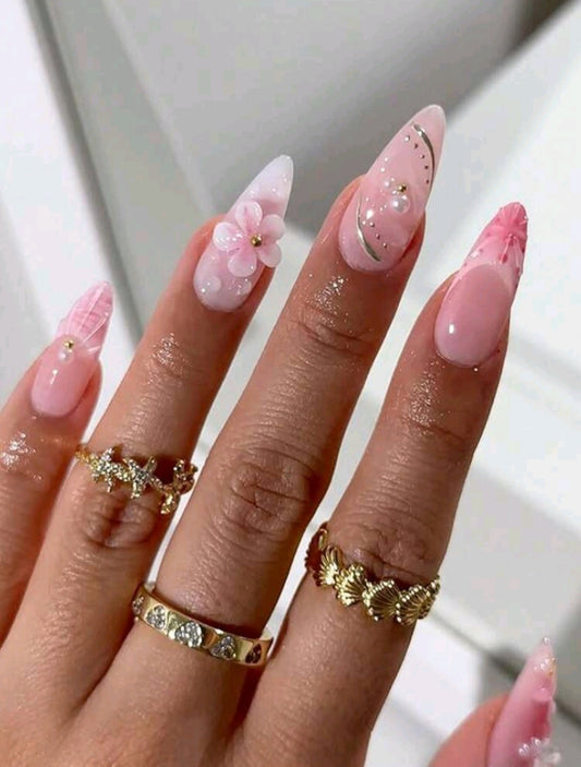 Soft Pink 3D-Blumen-Press-On-Nägel – Elegantes Prinzessinnen-Glam-Set