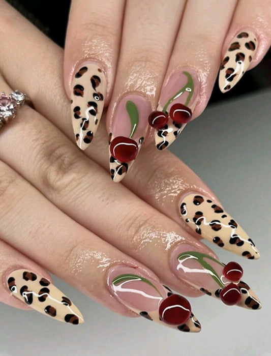 Kirsch-Leopardenmuster Press-On-Nägel – 3D süßes & auffälliges Stiletto-Set