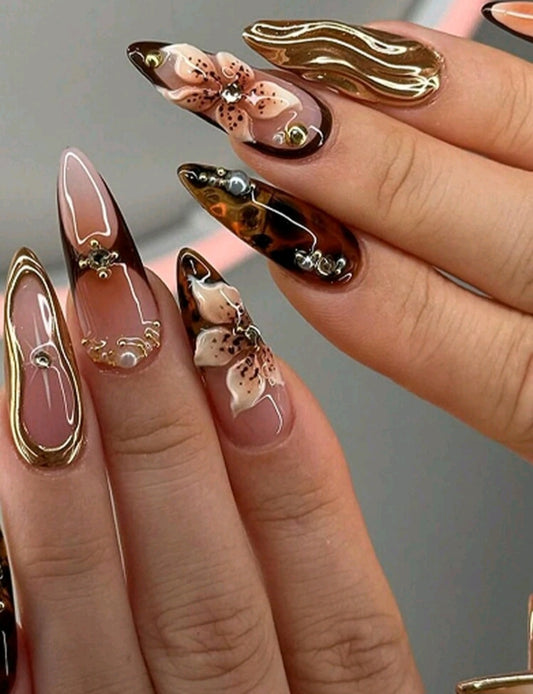 Luxury Brown Marble & Floral Press-On Nails – Gold Detail Glam Set