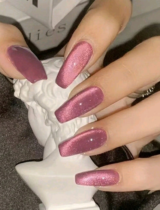 Rose Pink Chrome Press-On Nails – Metallic Gloss Coffin Set