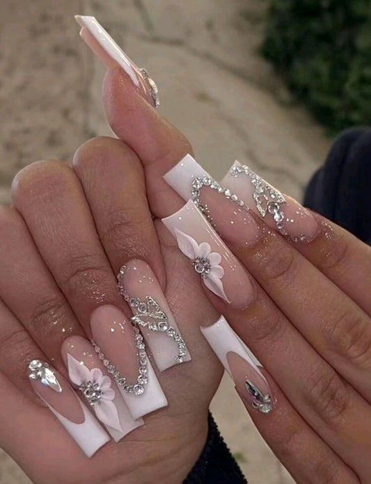 Luxury White Crystal French Tip Press-On Nails – 3D Floral Rhinestone Coffin Set