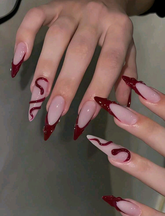 Burgundy Drip French Tip Press-On Nails – Glossy Almond Blood Red Design