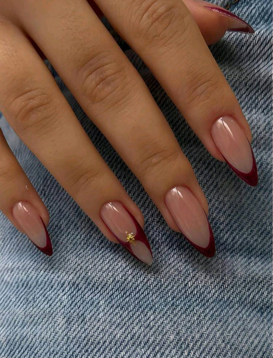 Burgundy French Tip Almond Nails – Minimal Nude Glossy Elegant Set
