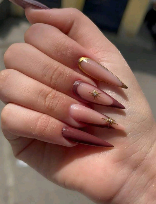 Burgundy Ombre Stiletto Nails with Gold Star Charm – Luxury Gradient Press-On Set