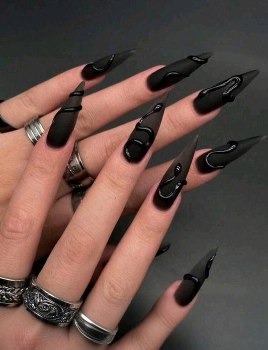 Matte Black Drip Stiletto Nails – Gothic 3D Glossy Press-On Set