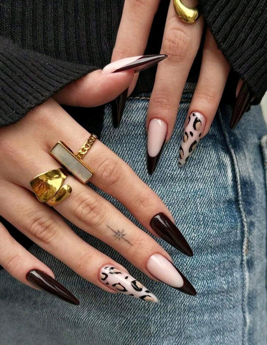 Brown Leopard French Tip Stiletto Nails – Nude Glossy Animal Print Set