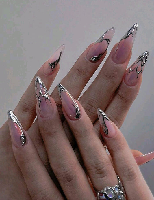 Chrome Silver Drip Stiletto Nails – Metallic Liquid French Tip Press-On Set