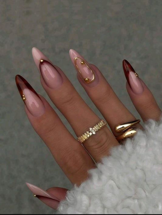 Brown French Tip Stiletto Nails – Nude Glossy Gold Accent Press-On Set