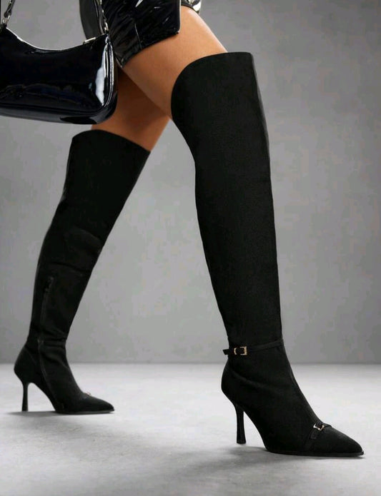 Minimalist Black Thigh-High Boots – Pointed Toe Stiletto Heel with Buckle Detail