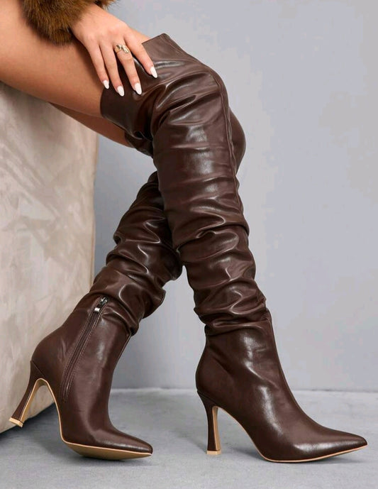 Elegant Leather Thigh-High Boots – Pointed Toe Stiletto Heel (Brown)