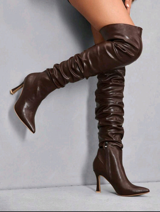 Elegant Leather Thigh-High Boots – Pointed Toe Stiletto Heel (Brown)