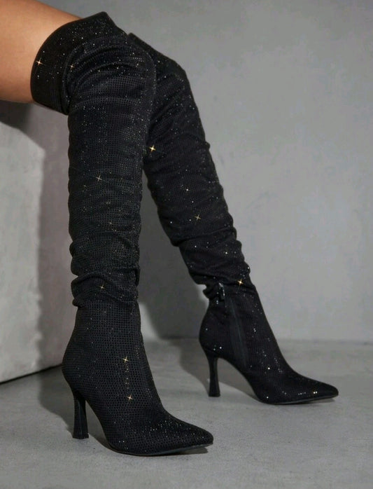 Luxury Crystal Thigh-High Boots – Sparkling Stiletto Heel (Black)