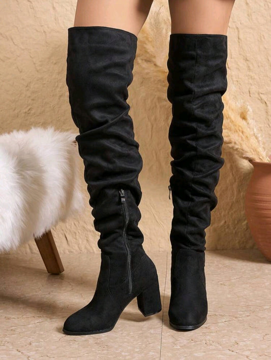 Elegante Overknee-Stiefel aus Wildleder – Blockabsatz & seitlicher Reißverschluss (Schwarz)