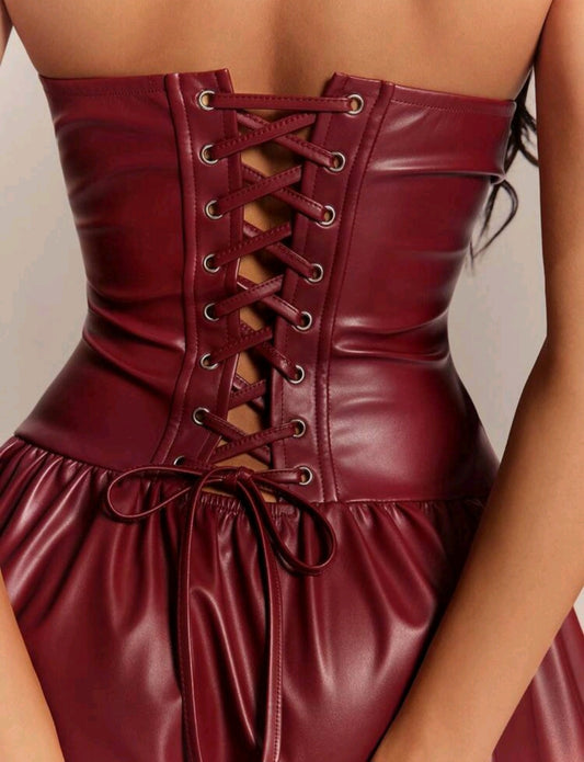 Burgundy Corset Mini Dress – Lace-Up Flared Fit