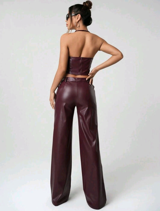 Burgundy Faux Leather 2-Piece Set – Crop Top & Wide Leg Pants