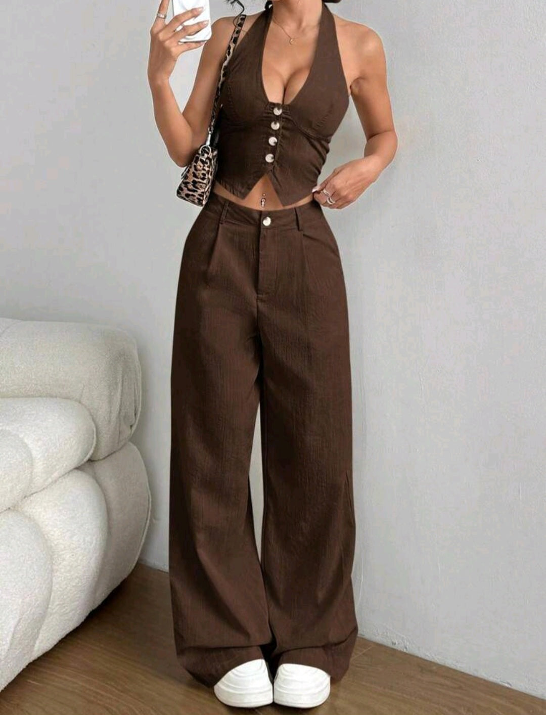 Brown Summer 2-Piece Set – Halter Top & Wide Leg Pants