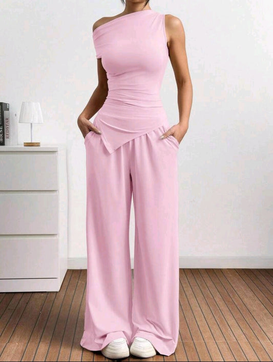 Pink 2-Piece Set – One Shoulder Top & Wide Leg Pants