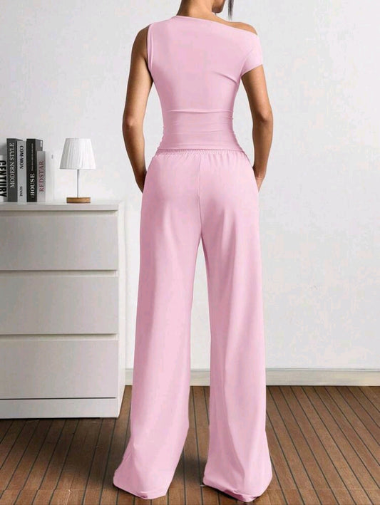 Pink 2-Piece Set – One Shoulder Top & Wide Leg Pants