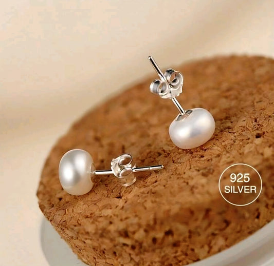S925 6-7mm Pearl Stud Earrings - Simple Elegance Flat Round